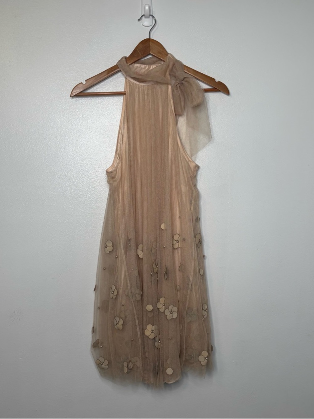 Free People Beige Floral Appliqué Mini Dress